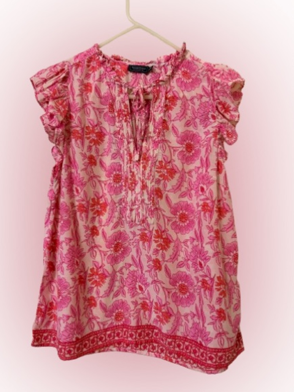 Vineyard Vines Floral Ruffle Sleeve Peasant Blouse Medium Pink Cotton Tassel Top